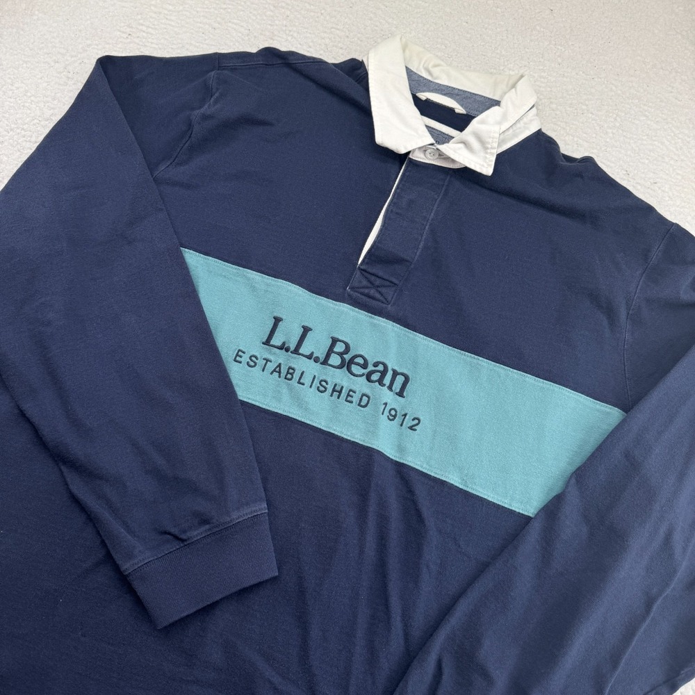 LL Bean Rugby Spellout Shirt Mens 2XL Reg Blue Long Sleeve Heavyweight Polo